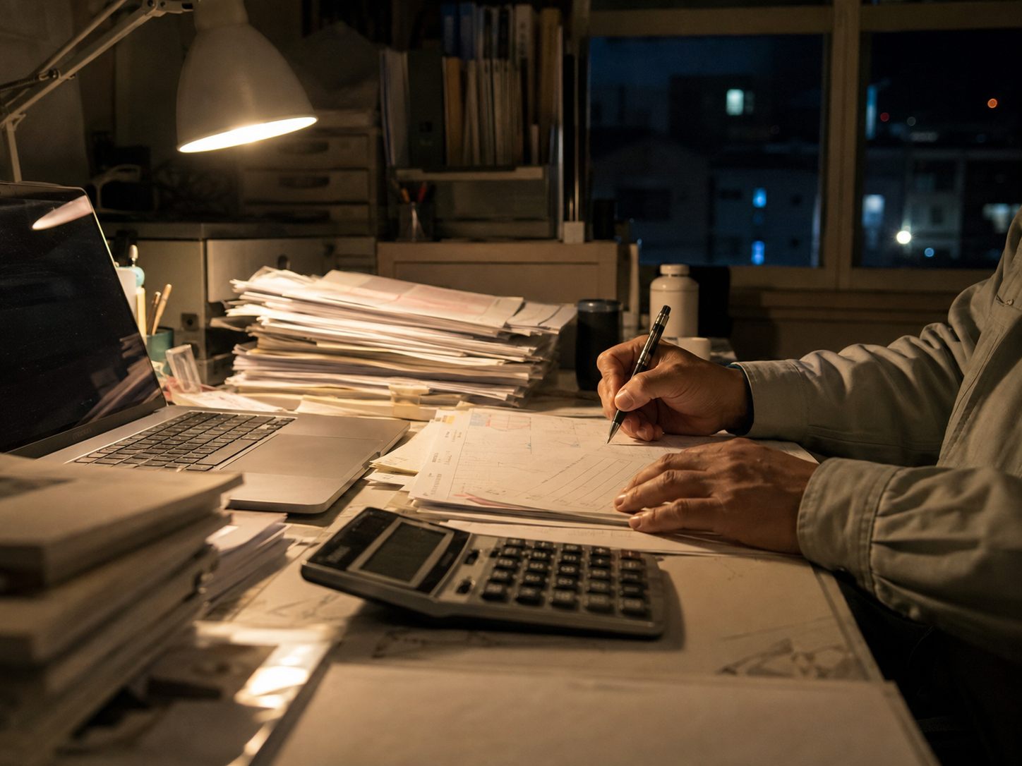 夜に書類仕事をする現場の経営者